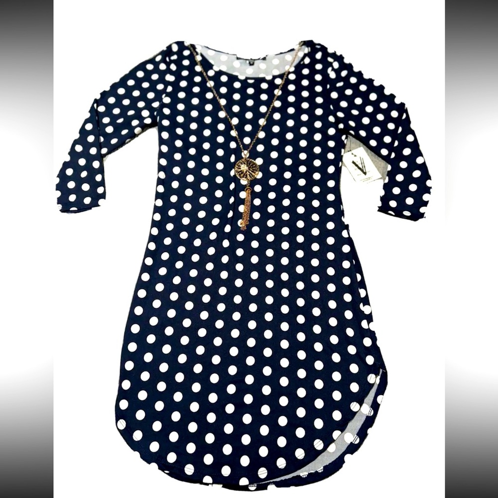 NWT Vibe Sportswear Navy Polka Dot Knee Length Dress w/ Built In Necklace - Med